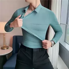 Camisas sem costura de alta qualidade masculina, manga longa, fina, casual, luxo - loja online