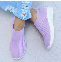 2024 novos sapatos casuais moda tênis para mulheres andando cor sólida tênis feminino deslizamento em meia senhoras sapatos planos mulher - Wolf Magazine