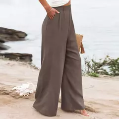 Imagem do Calça larga de linho de algodão feminina, comprimento total, casual, monocromática, solta, cintura alta, reto, botão, verão