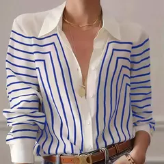 Camisa de botão feminina com estampa de linha, blusas elegantes, primavera e verão, roupas femininas plus size, preto e branco, 2024 - comprar online