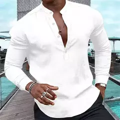 Cardigã meio monocromático de manga comprida masculino, blusa com gola Henley, camisa rosa casual, férias havaianas, verão, 2023 na internet