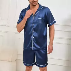 Conjunto de pijama de cetim masculino manga curta, pijamas para homem, camisa de botões, calções de cintura elástica, roupa de casa, 2 peças, verão - comprar online