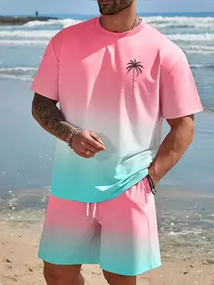 Camiseta de praia havaiana masculina, conjunto de 2 peças, manga curta, estampa palmeira, decote em O, moda exterior, casual, verão na internet