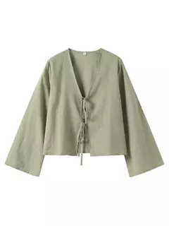 Camisas casuais de linho com renda para mulheres, oco, gola V, blusas de manga comprida, tops para senhora, streetwear, novo, primavera, 2022 - Wolf Magazine