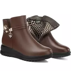 Imagem do Botas de couro de strass para mulheres, sapatos de salto baixo, cabeça redonda,