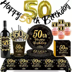 Artigos para Festa de Aniversário para Homens e Mulheres, Preto e Dourado, 50 Anos, Pratos De Papel, Copos, Guardanapo, Toalha De Mesa, Louça Decoração