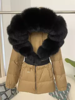 Oftbuy 2024 jaqueta de inverno feminina gola de pele de raposa natural real com capuz grosso quente 90% pato branco para baixo casaco feminino streetwear casual - loja online
