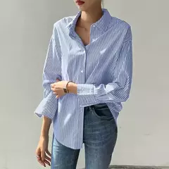 Blusa virada para baixo de manga comprida feminina, tops casuais, listras azuis, moda feminina, primavera, verão