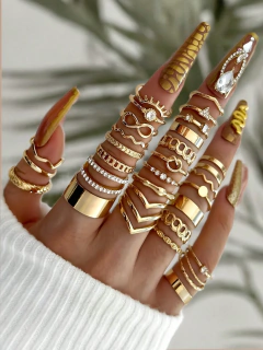 28 pçs conjunto de anel de moda para mulheres em forma de coração design geométrico boêmio elemento acento anel uso diário namoro festa jóias 2025 - loja online