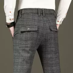 Imagem do Calça reta justa justa xadrez masculina, terno de negócio masculino, calça de alfaiataria social, xadrez chinês masculino, 2022, até bem
