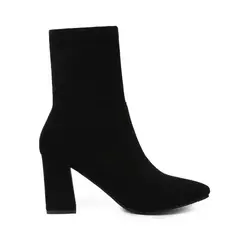 Botas curtas de salto grosso para mulheres, botas emagrecedoras, dedo apontado, moda feminina, estilo clássico, outono, inverno, D64 - Wolf Magazine