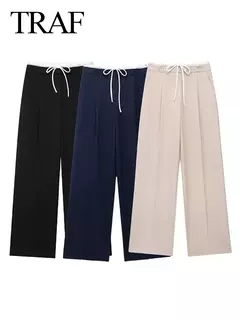 Imagem do TRAFZA-Calça comprida com retalho feminino, Monocromática, Perna larga, Versátil, Casual, Calças soltas, Streetwear, Moda, 2024