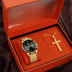 Imagem do Homens de aço inoxidável malha cinto relógio de quartzo, calendário relógios, colar masculino, relógio de pulso, ouro, luxo, negócios, moda, 2pcs set