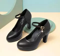Imagem do Bombas plataforma de salto bloco para mulheres, salto alto com fivela, sapatos femininos, elegantes sapatos pretos de escritório, primavera, outono, 2023