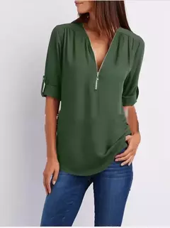 Blusa feminina profunda com gola V, tops femininos, pulôver sexy com zíper, moda casual, camisa solta legal, plus size, venda quente, 2024 - loja online