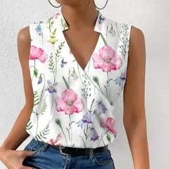 Blusa feminina com gola v sem mangas estampada, blusa branca, camisa casual feminina, moda verão, 2023 - Wolf Magazine