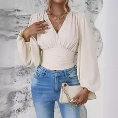 Pulôver feminino com decote V profundo, blusa feminina de manga comprida, tops casuais diários, cintura solta e magro, crossover, primavera, outono