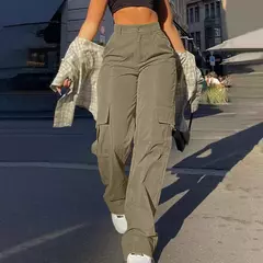 Calça feminina básica de fivela, calça de paraquedas, perna reta sólida, bolsos grandes, moletom Y2K folheado com tudo o que combina, roupa de rua chique na internet