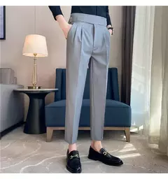 Estilo britânico dos homens de cintura alta vestido casual calça masculina cinto design calças finas formal escritório social vestido de festa de casamento terno calças - comprar online