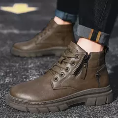Botins de couro retrô masculino, fundo grosso, top alto, casual, chelsea, deserto, impermeável, trabalho, masculino, outono, inverno - loja online