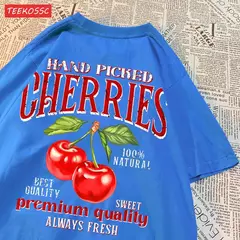 Camisetas femininas de estampa de cereja colhidas a mão, camisetas de algodão, gola redonda grande, manga curta macia, roupas femininas de rua, moda na internet