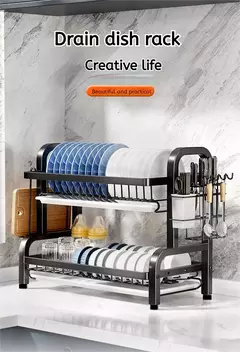 Rack de secagem de pratos, 2 camadas, compacto, cozinha, conjunto de escorredor, grande, à prova de ferrugem, escorredor de pratos com suporte de utensílio