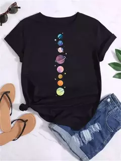 Camiseta feminina casual de manga curta com gola redonda, streetwear feminina, tops vintage, camiseta Maycaur, estampada com planeta lunar, moda camisetas - comprar online