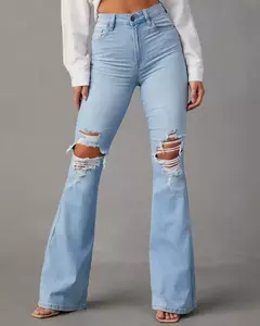 Calça jeans flare feminina, jeans de streetwear, ajuste solto, cintura alta, bolsos, buracos, comprimento do tornozelo, monocromático, mosca com zíper, primavera, 2021 - comprar online