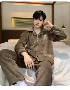 Imagem do Pijama de flanela espessa de manga comprida forrado de lã quente masculino, pijama caseiro casual para jovens, inverno
