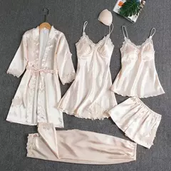 Conjunto de pijama feminino, roupão de seda, roupa de dormir, cami com decote em v, pijamas, pijamas, camisola primavera, 5 peças na internet