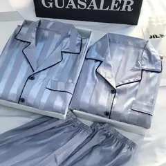 Imagem do Pijama feminino de seda gelo, manga curta, calça curta, seda de simulação, roupa doméstica, cor sólida, listrado, estudante, conjunto 2 peças, S, L