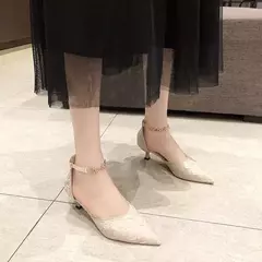 Sandálias Baotou com salto alto, estilo fada para primavera e verão, salto fino, estilo botão, saia de dedo apontado, sandálias luxuosas na internet