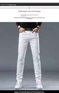 Calça jeans bordada com marca de maré alta masculina, simples, branca, fina, pés pequenos, casual, calça elástica versátil, outono, 2024 - loja online