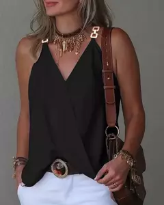 Camisola de alças sem mangas estampada listrada feminina, gola em v com fivela de metal, pulôver solto, blusa feminina, verão, 2024 - loja online