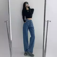 Jeans vintage drapejado de cintura alta feminino, calças de perna reta, jeans drapejado solto - loja online