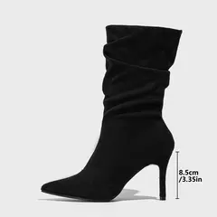 Botas de camurça plissadas para mulheres, salto alto, zíper, meio da panturrilha, passarela, plus size, moda outono na internet