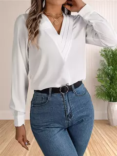 Imagem do Vestido feminino de manga comprida em camadas com decote em v, tops de trabalho, roupa de escritório, blusa empresarial, 2024