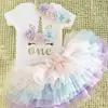 Vestido Tutu Unicórnio das meninas do bebê, 1st Birthday Party Clothes Sets, Meninas recém-nascidas Imprimir Romper, Saias de tule, Headband Outfit, 12M