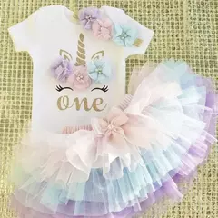 Vestido Tutu Unicórnio das meninas do bebê, 1st Birthday Party Clothes Sets, Meninas recém-nascidas Imprimir Romper, Saias de tule, Headband Outfit, 12M na internet