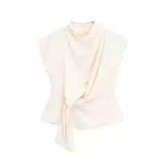 Traf-blusas femininas com gravata borboleta, manga curta, zíper traseiro, tops chiques, moda - Wolf Magazine