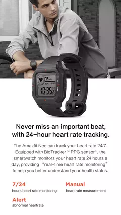 Amazfit-Neo SmartWatch com display STN, 5ATM impermeável relógio esportivo, rastreamento de freqüência cardíaca, Bluetooth, 95New Display relógios, Nobox