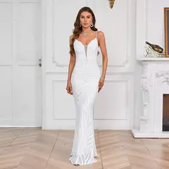 Vestido Maxi Lantejoula Branco Feminino, Vestido Sexy Strap, Vestido de festa longo - Wolf Magazine