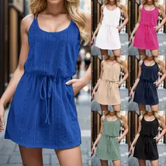 Vestido de praia feminino com cordão de cintura alta, roupa de banho, moda verão, sem mangas, biquíni monocromático na internet