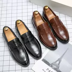 Mocassins de couro genuíno masculino, sapatos de negócios, vestido de noiva, moda casual, centavo, macio - loja online