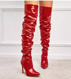 Imagem do Botas femininas acima do joelho, dedo apontado, zíper lateral, salto alto fino, plissado brilhante, preto, moda feminina, 2024