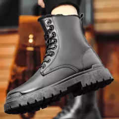 Meia bota casual de couro PU masculina, sapatos de segurança preto, primavera, inverno, tendência na internet