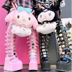 Cunhas plataforma de salto alto para mulheres, botas punk para senhoras, alça de fivela gótica, tubo longo, botas de couro feminino cosplay - loja online