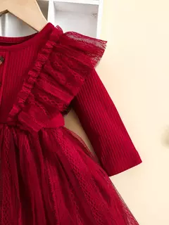 Vestido de malha com babados e lenço para bebê, manga pequena voadora, manga comprida, romântica, primavera e outono, 2 peças - Wolf Magazine