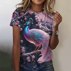 Lindo pavão padrão camiseta para mulheres flor colorida 3d impresso t camisas moda solta camisetas mangas curtas em torno do pescoço topos