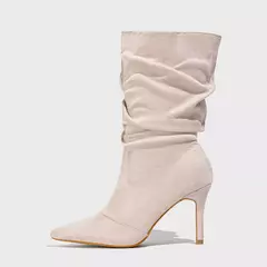 Botas de camurça plissadas para mulheres, salto alto, zíper, meio da panturrilha, passarela, plus size, moda outono